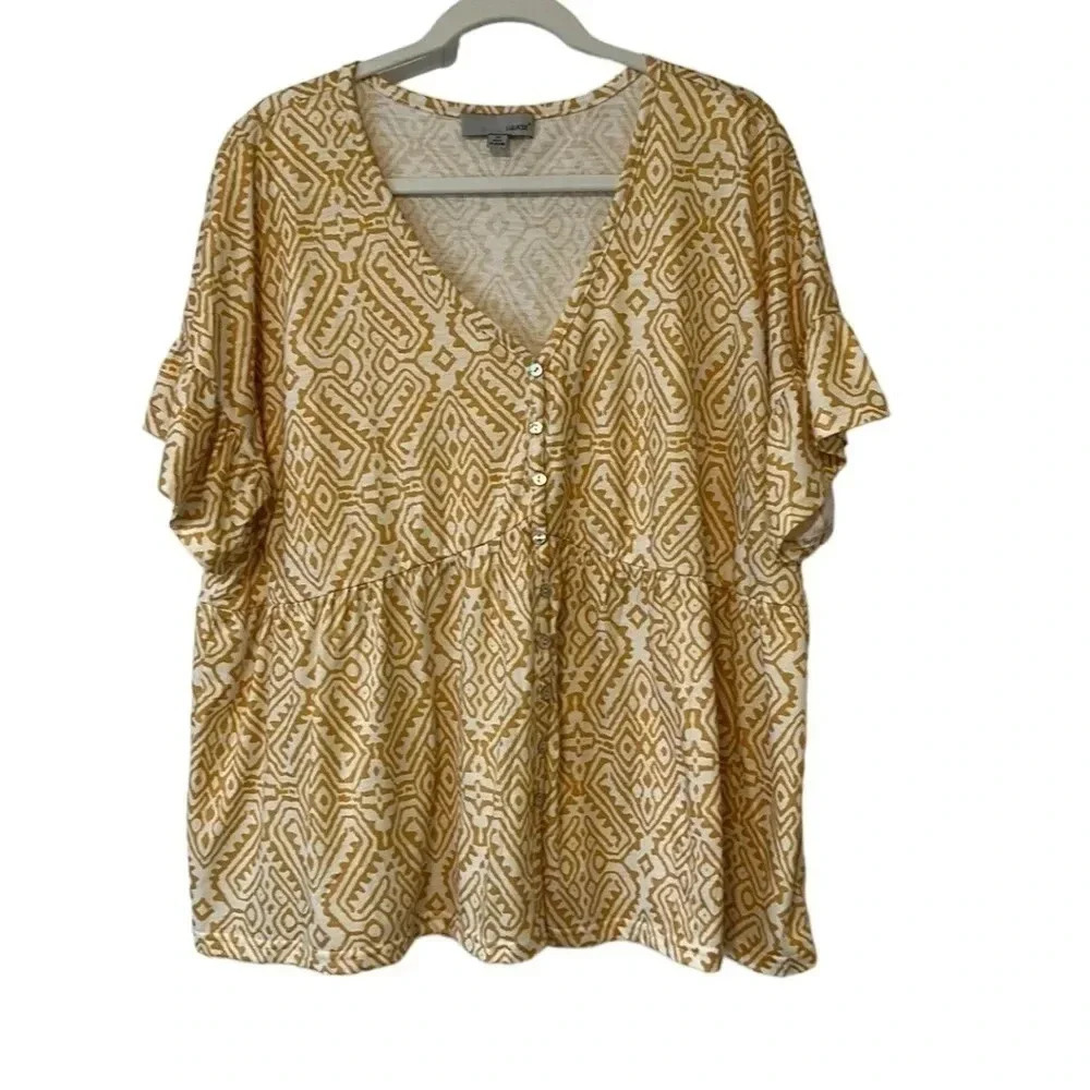 Luukse Yellow & White Abstract Button-Front V-Neck Peplum Top - Size 3X